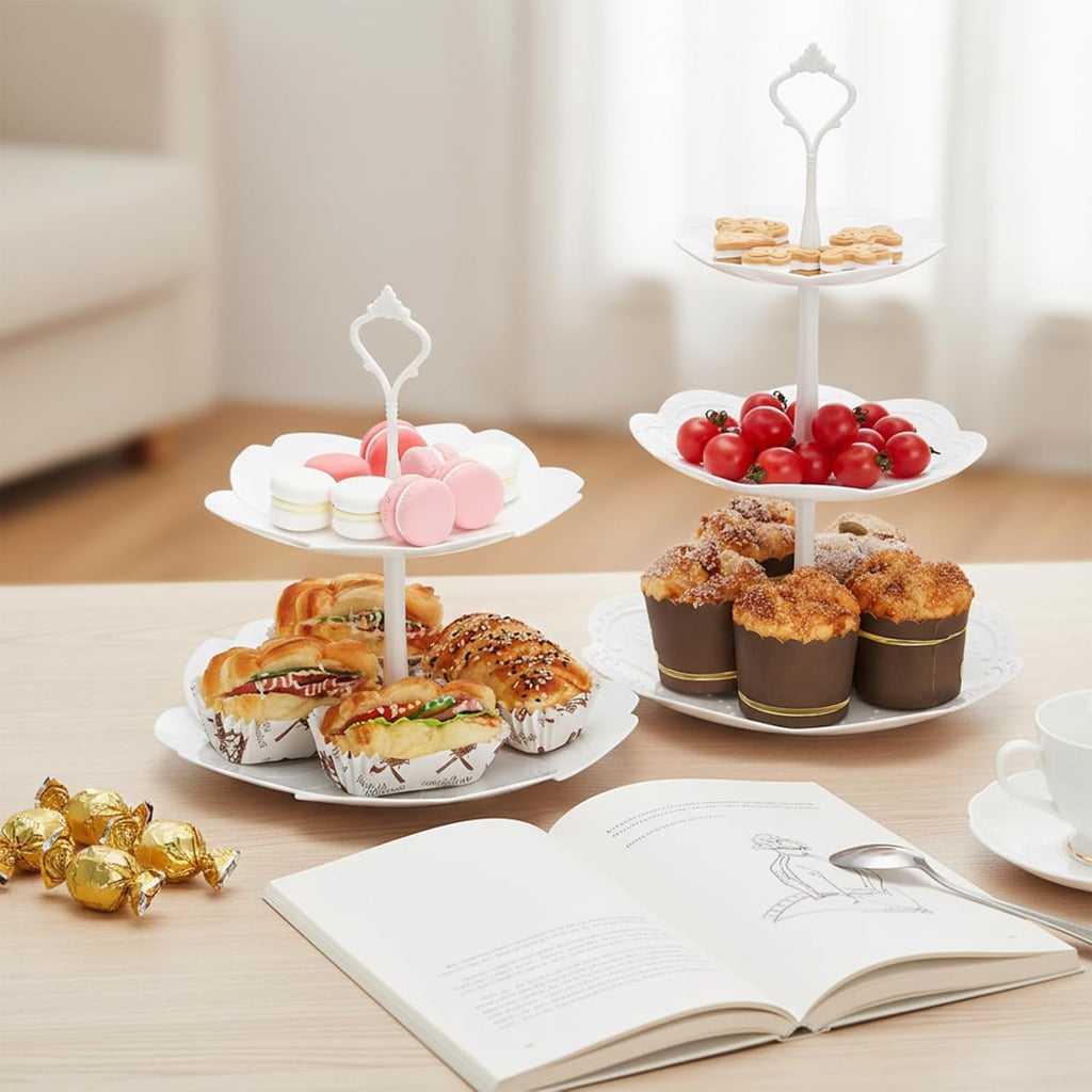 Tiers White Plastic Cupcake Stand Dessert Stand Tiered Serving Trays - Round, Square, Flower - Set of 3