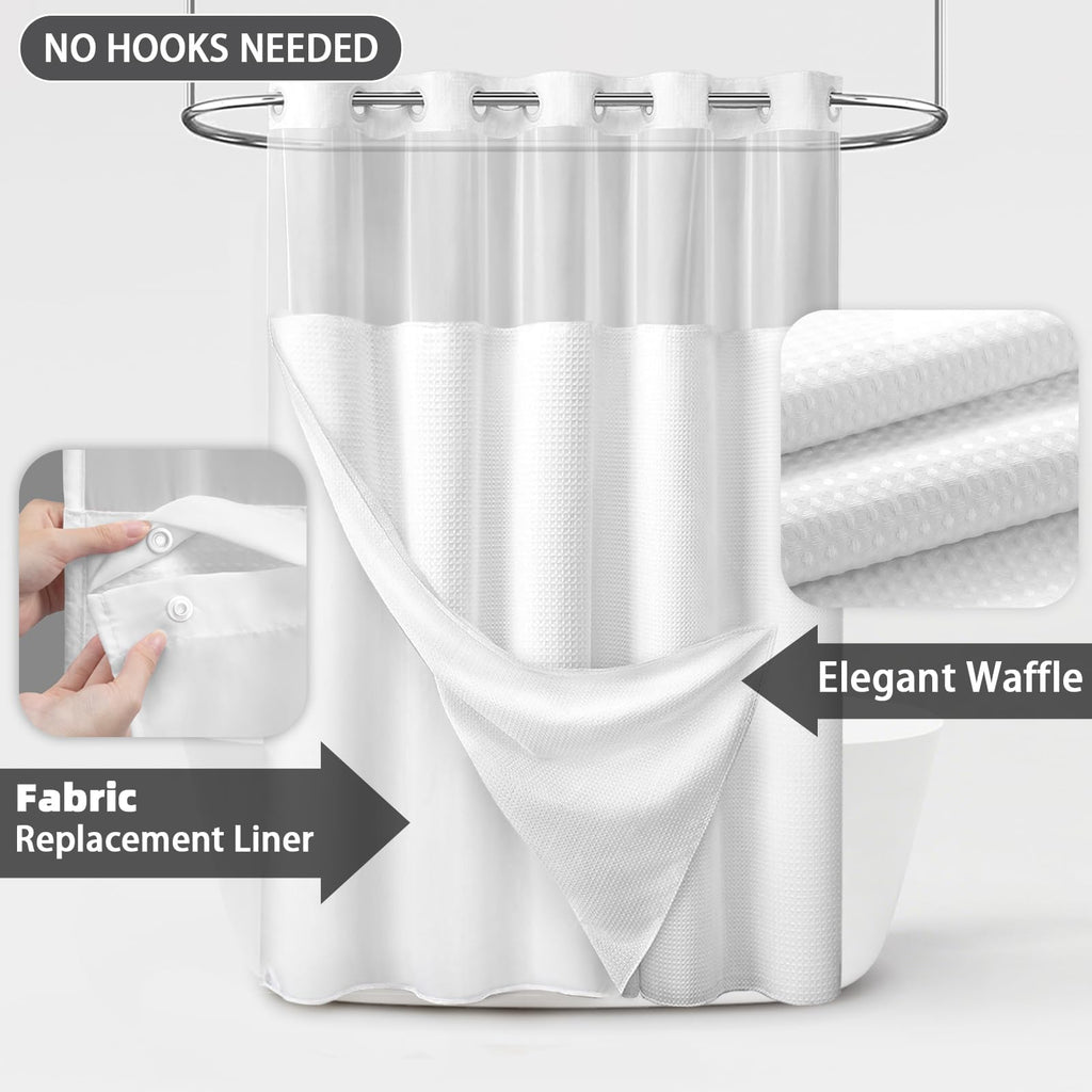 No Hook Shower Curtain with Liner Set Hotel Waffle Curtain White 48W X 75L
