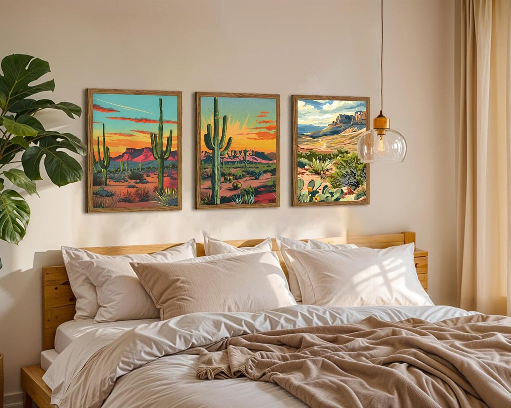 Framed Desert Landscape Wall Art Set of 3, Vintage Mexican Cactus Wall Decor Paintings, Boho Southwestern Mountain