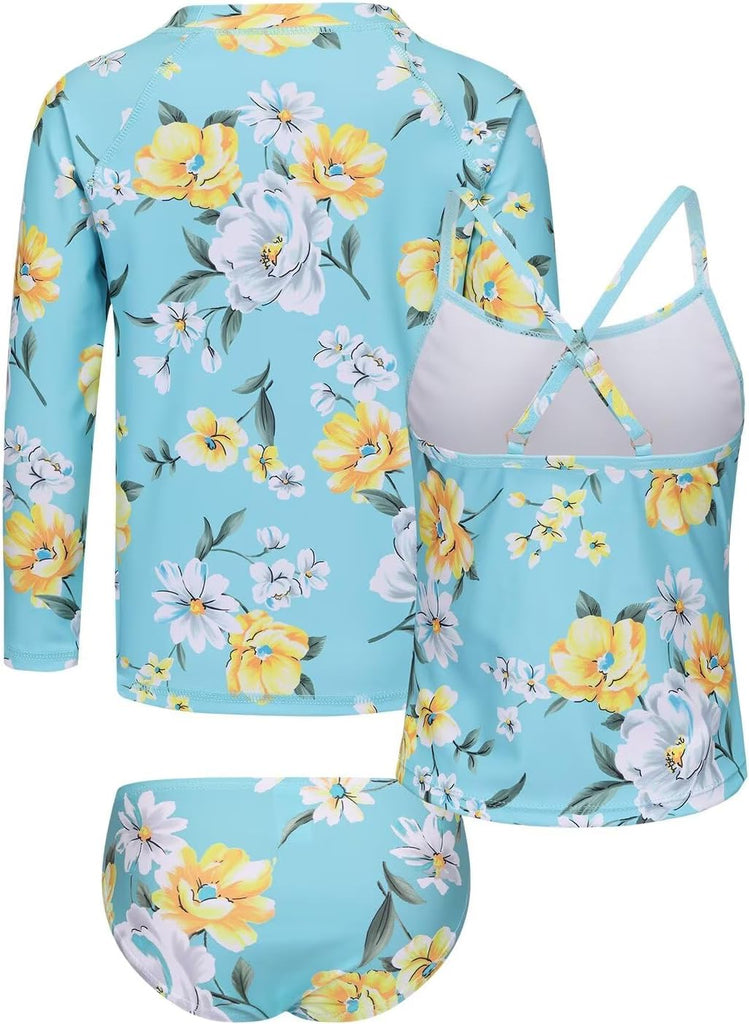 Girls 3 Piece Swimsuits Set for Girls Long Sleeve Rash Guard Swim Set Hawaiian Beach Tankini Bathing Suits