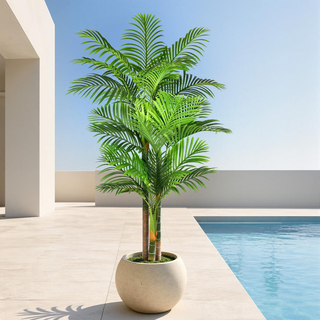 5FT Artificial Palm Tree - Tropical Faux Golden Cane Palm Tree UV Resistant Tall Fake Plant Indoor with Black Pot