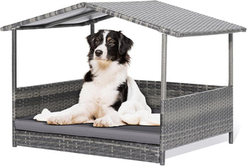 Outdoor Wicker Dog Bed with Canopy, Indoor HDPE Rattan Dog House, Raised Dog Cot Pet House, Elevated Pets Sofa