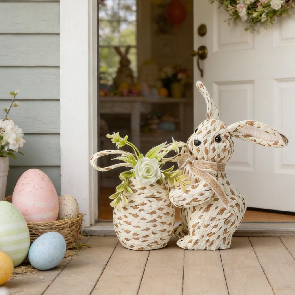 Handwoven Easter Decor, Rattan Bunny with Fixed Floral Egg Ornament, Farmhouse Spring Woven Decor - Set of 2