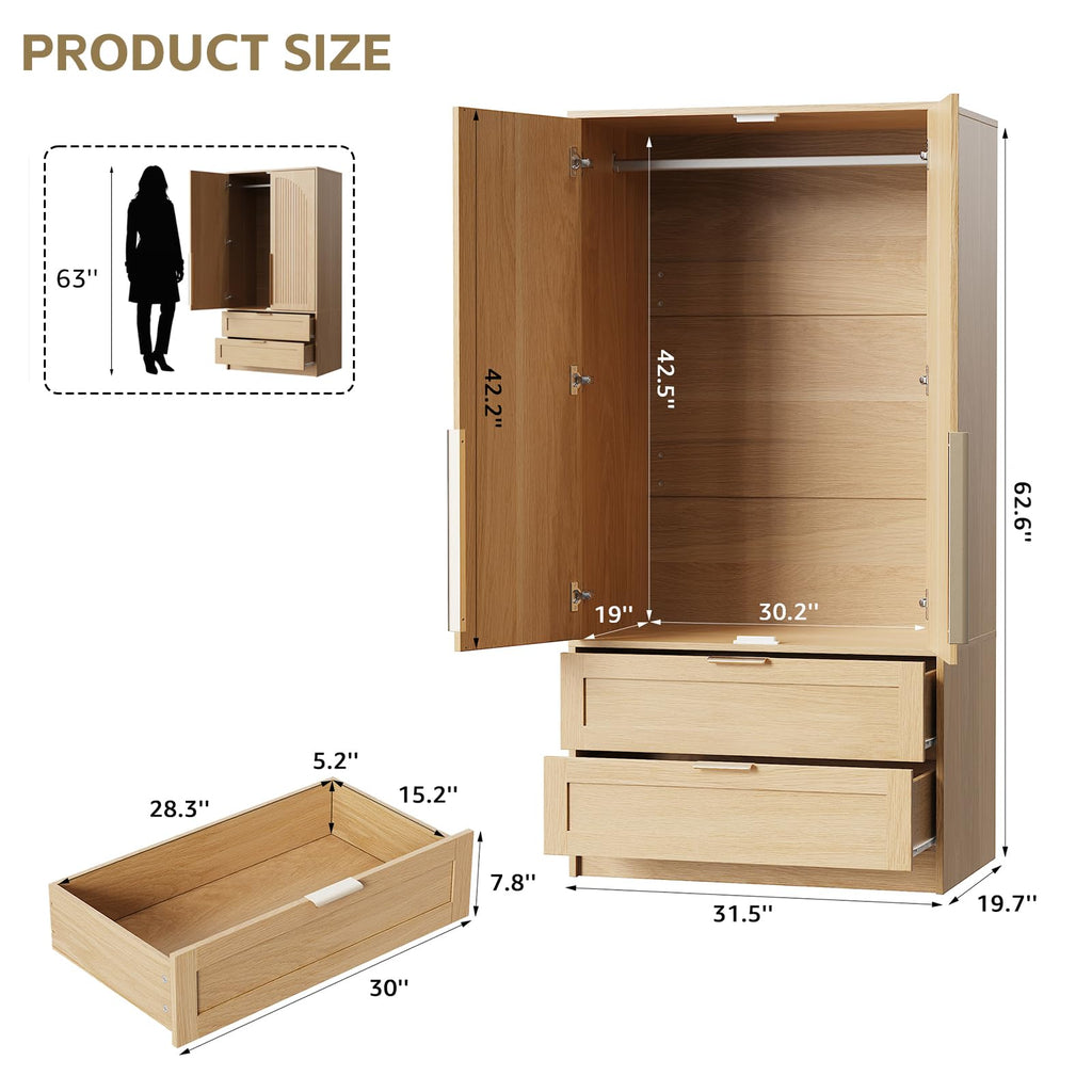 2-Door Armoire Wardrobe 63" H, Arch Carved Door w/Drawers
