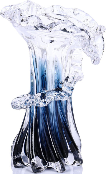 Blue White Clear Wave Vases Gradient, Murano Hand Blown Glass Vase Unique Art Decorative, for Ocean Themed Coastal