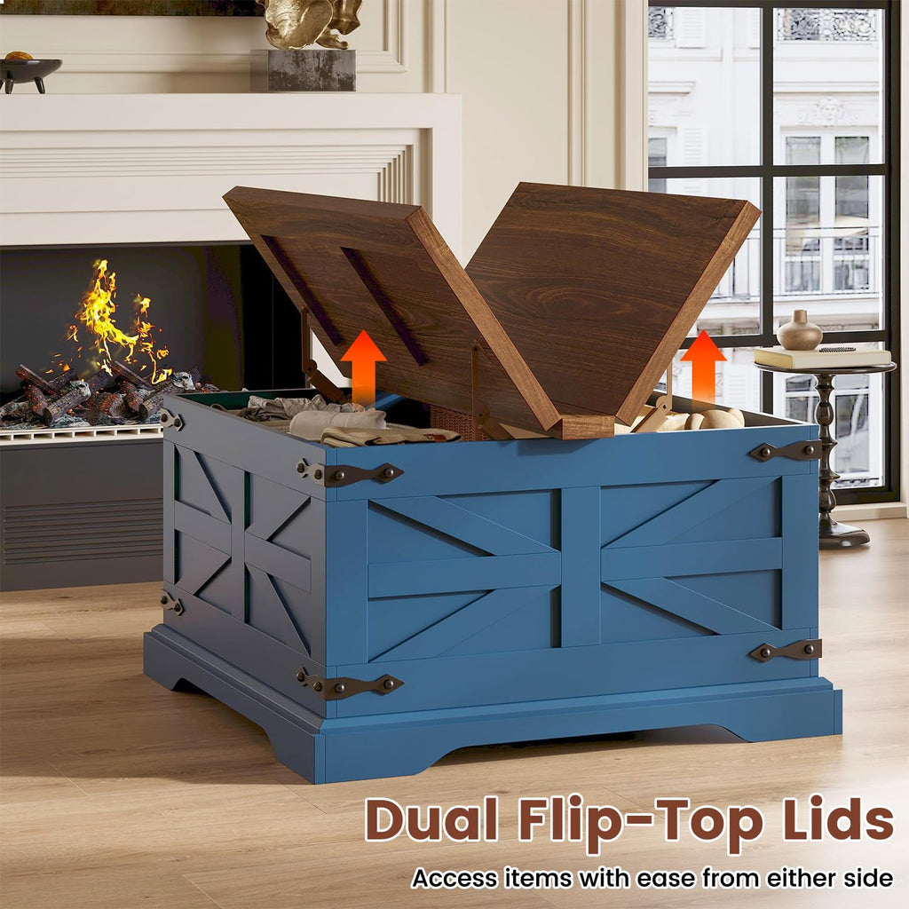 Blue Coffee Table with Storage, Farmhouse Square Center Table with Walnut Top, Hinged Lift Soft Close, Large Hidden