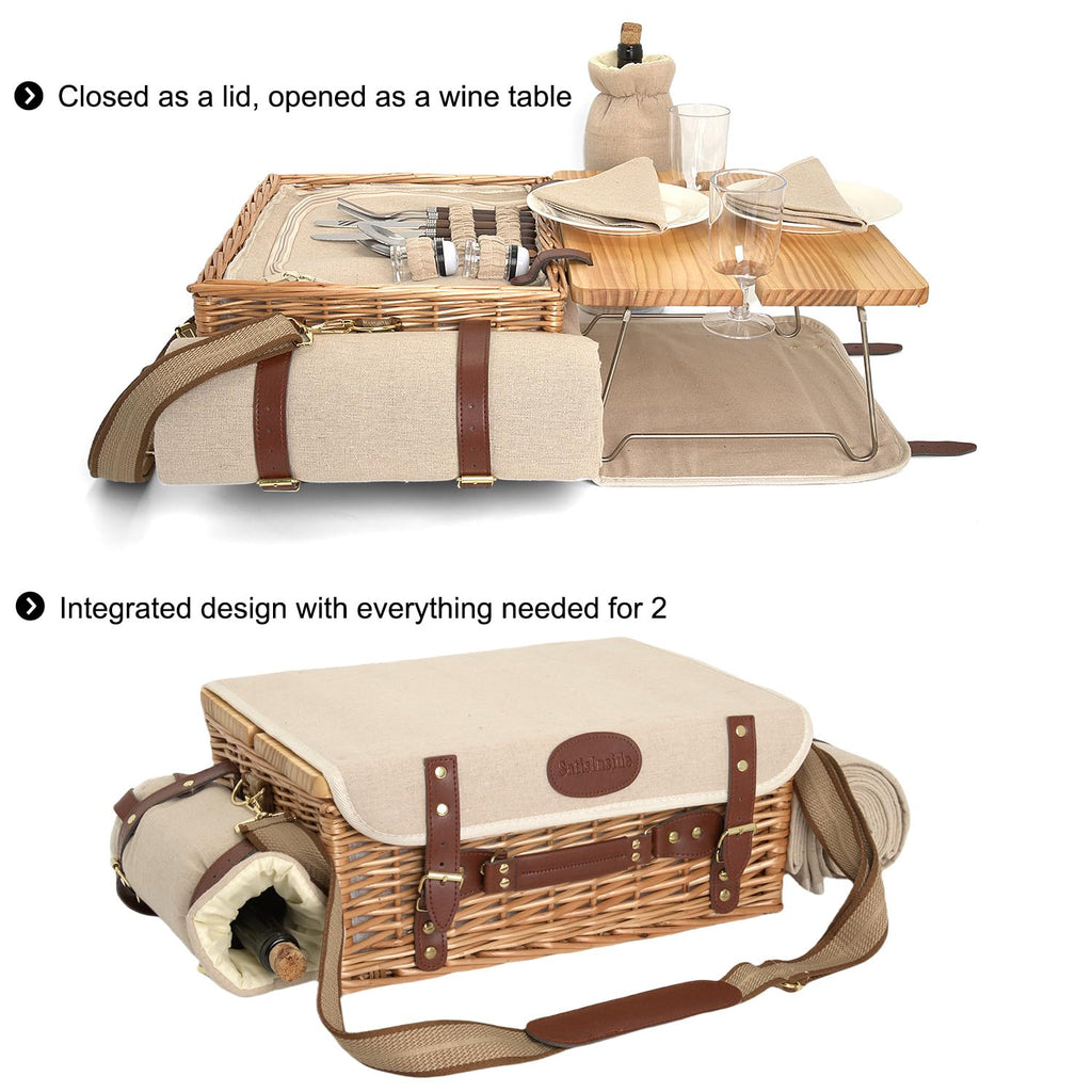 Multifunctional Wicker Picnic Basket Set for 2 with Blanket and Picnic Table, Insulated Picnic Set with Full