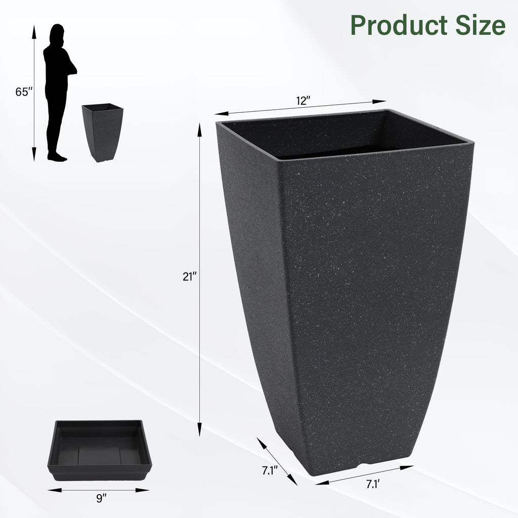 Set of 2 Tall Planter, 21 inch Large Plastic Planter, Cement Gray