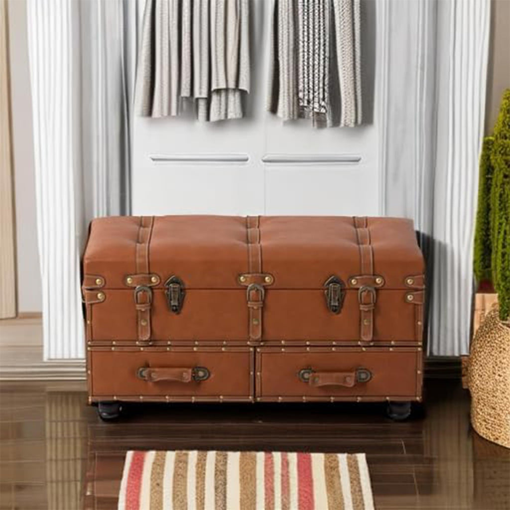Vintage Faux Leather Storage Ottoman - Orange Accent Bench
