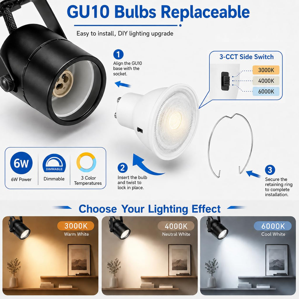 3.3FT LED Track Lighting Kit with 3-Color GU10 Bulbs Dimmable 4 Light Black