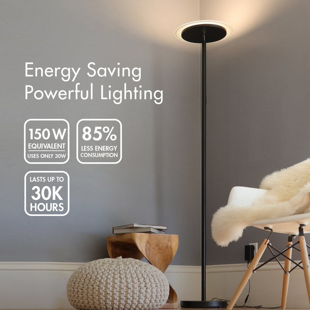 Modern Torchiere Floor Lamp, 3000L LED, 30W, Remote Control, Touch Dimmer, 90° Adjustable, Warm White