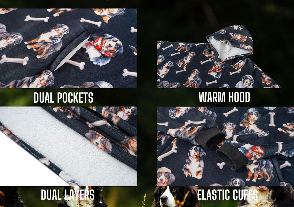 Bernese Mountain Gifts for Women & Men, Bernese Mountain Themed Wearable Flannel Blanket Hoodie, Oversized Hooded