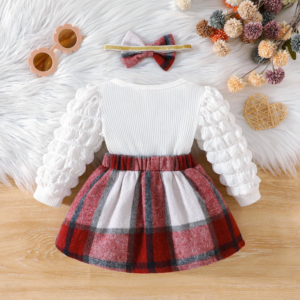 Christmas Toddler Baby Girl Plaid Dress Puff Sleeve Bow Patchwork Ribbed Shirts Dress Plaid Fall Winter Outfits (Red