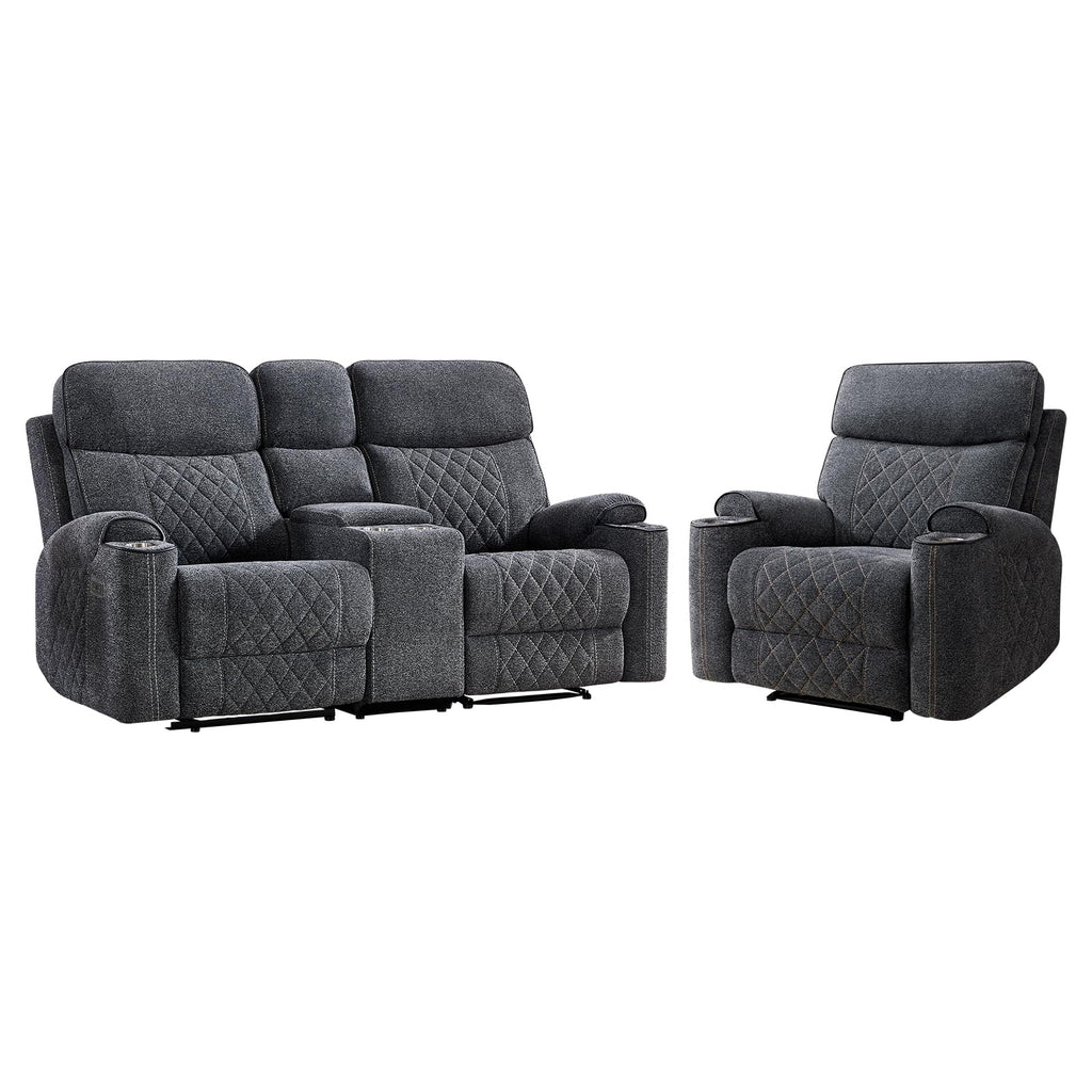 Power Reclining Sofa Set, Fabric Electric Recliner Chair and Loveseat Sofa with Cup Holders, USB and Type-C Charging