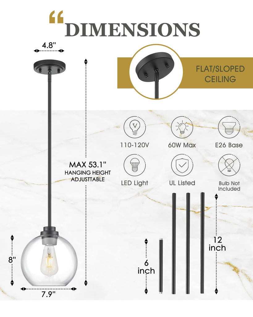 Black Pendant Lights Kitchen Island, 8" Pendant Light Fixtures with Globe Clear Glass Shade, Modern Kitchen Island