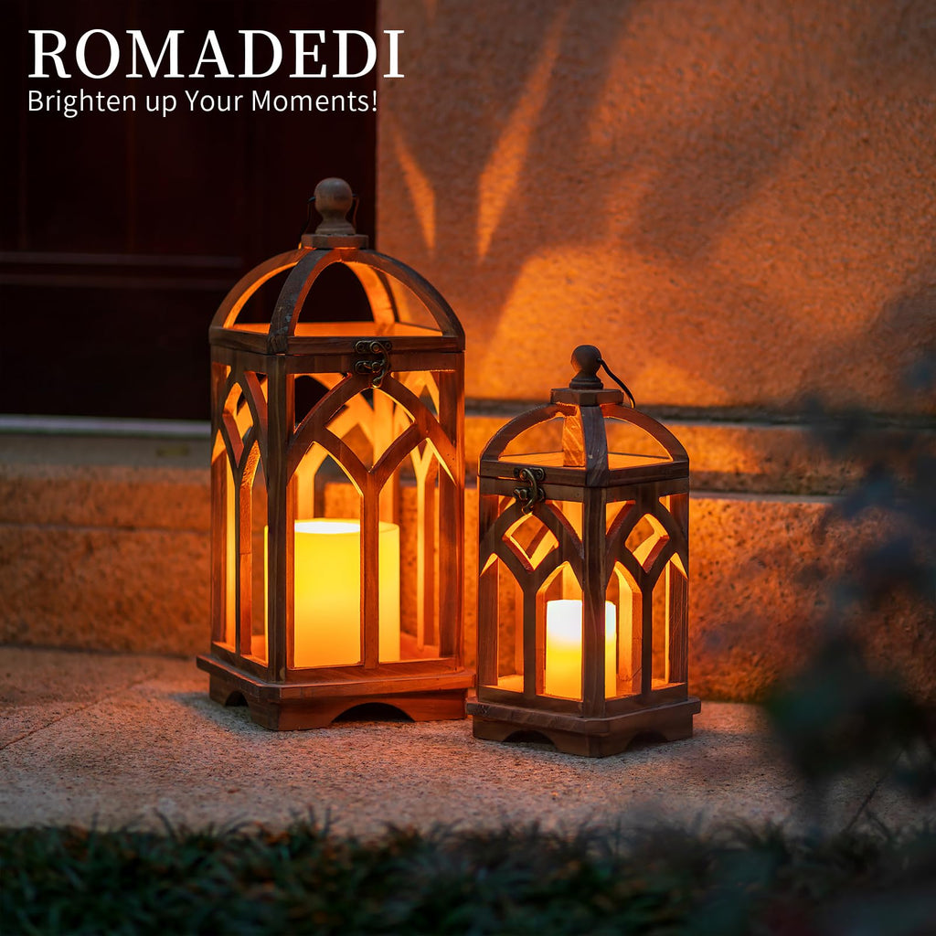 Farmhouse Wood Candle Lantern Decorative 12"/16", Set of 2, Brown