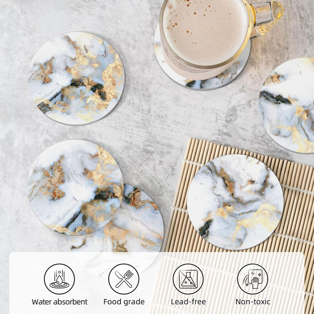 Coasters for Drinks Absorbent with Holder,Abstract White Gold Marble Sets of 6 Durable Cup Coaster for Coffee Table - Set of 6