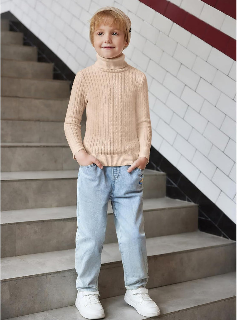 Boy's Ribbed Turtleneck Cable Knitted Sweater Slim Fit Pullover Sweater for Kids