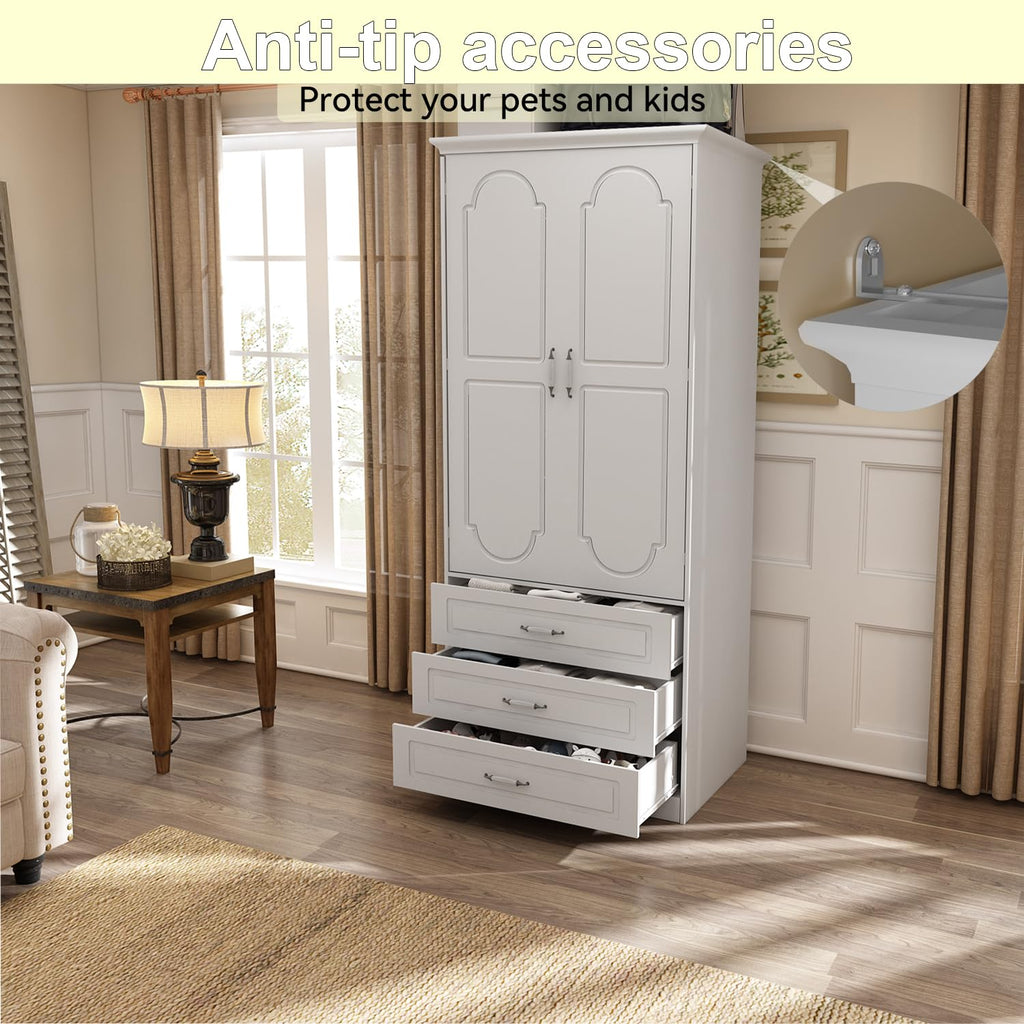 72" Wooden Armoire Wardrobe Closet with LED Bedroom Armoire with 3 Drawers and Retro Ceramic Handles Modern Wardrobe