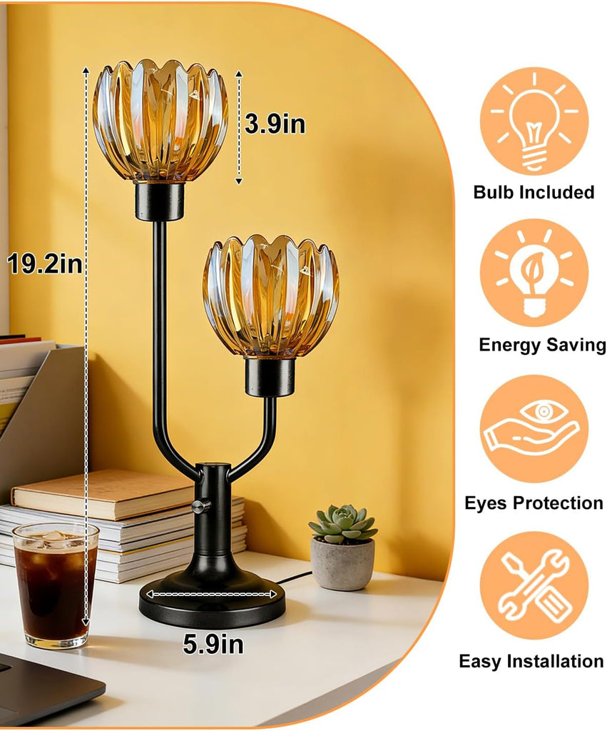 Mid Century Modern Glass Table Lamp Black Dimmable Desk Lamps with Brown Glass Shades 2 Bulbs Included 3000K Warmwhite