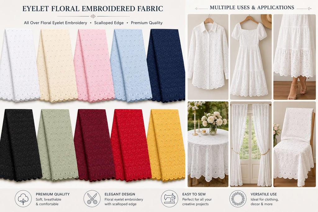 Designz 41" Eyelet Floral Embroidered Fabric - Soft Broadcloth by The Yard, All-Over Floral Eyelet Design - 65%