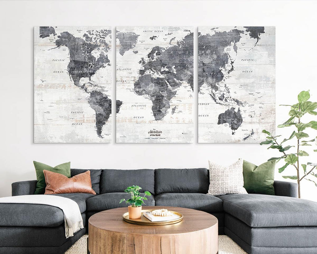 Framed Push Pin Travel Map World Motivational Canvas Picture Gray