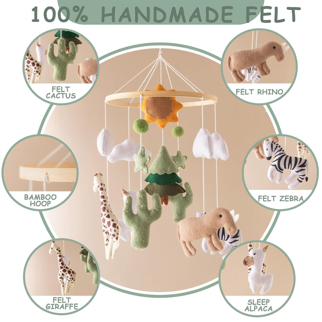 Baby Mobile for Crib - Hanging Felt Nursery Mobile - Fits Most Crib Arms - Gender-Neutral Safari Animals Nursery