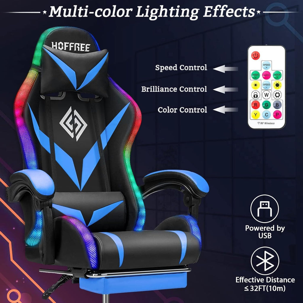 RGB Gaming Chair with Massage & Footrest Racing Style Computer Chair-Blue | Reclining Gamer Chair with LED Lights