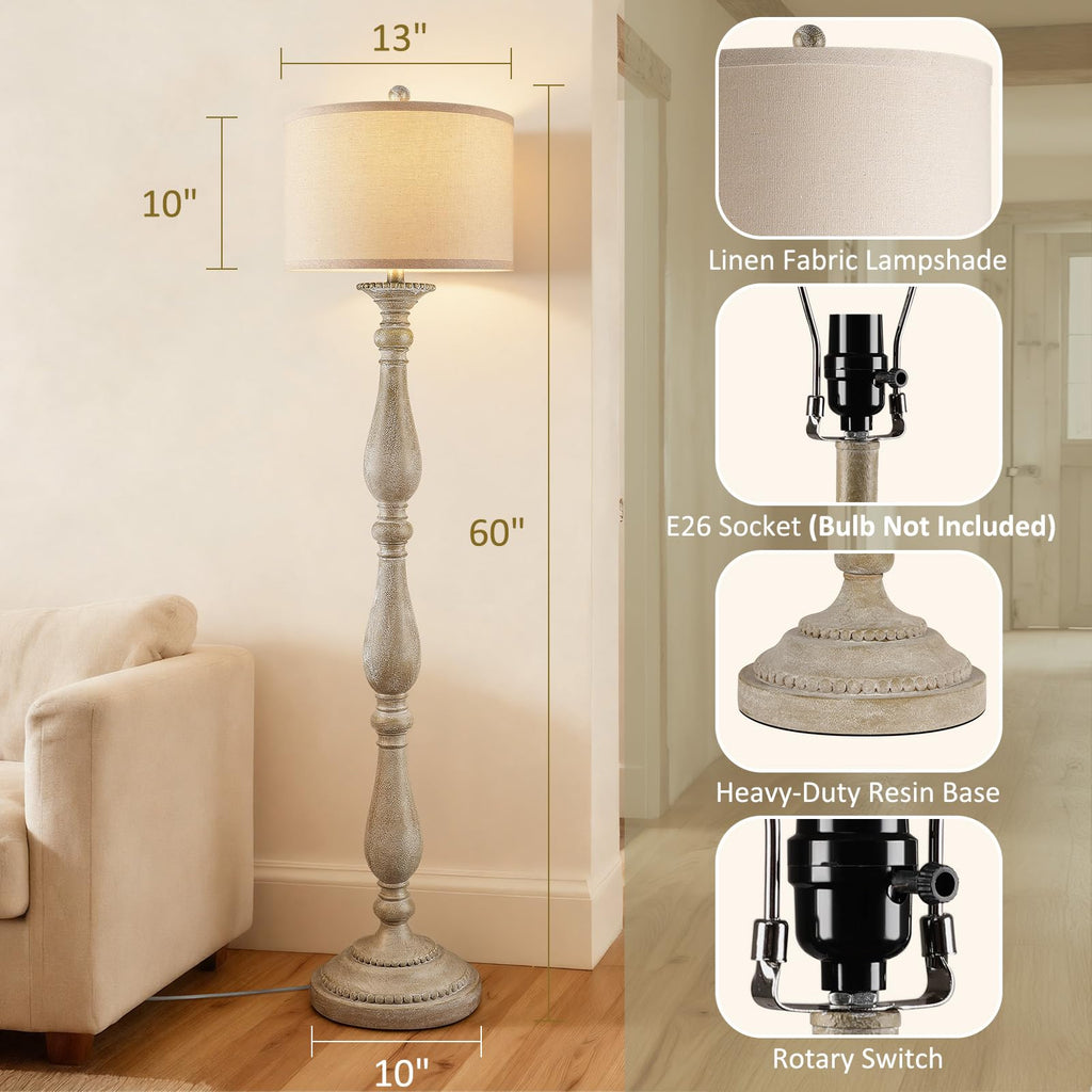 Vintage Floor Lamp, Rustic Farmhouse Standing Lamp with Rotary Switch and Linen Shade, Retro Resin Floor Lamp