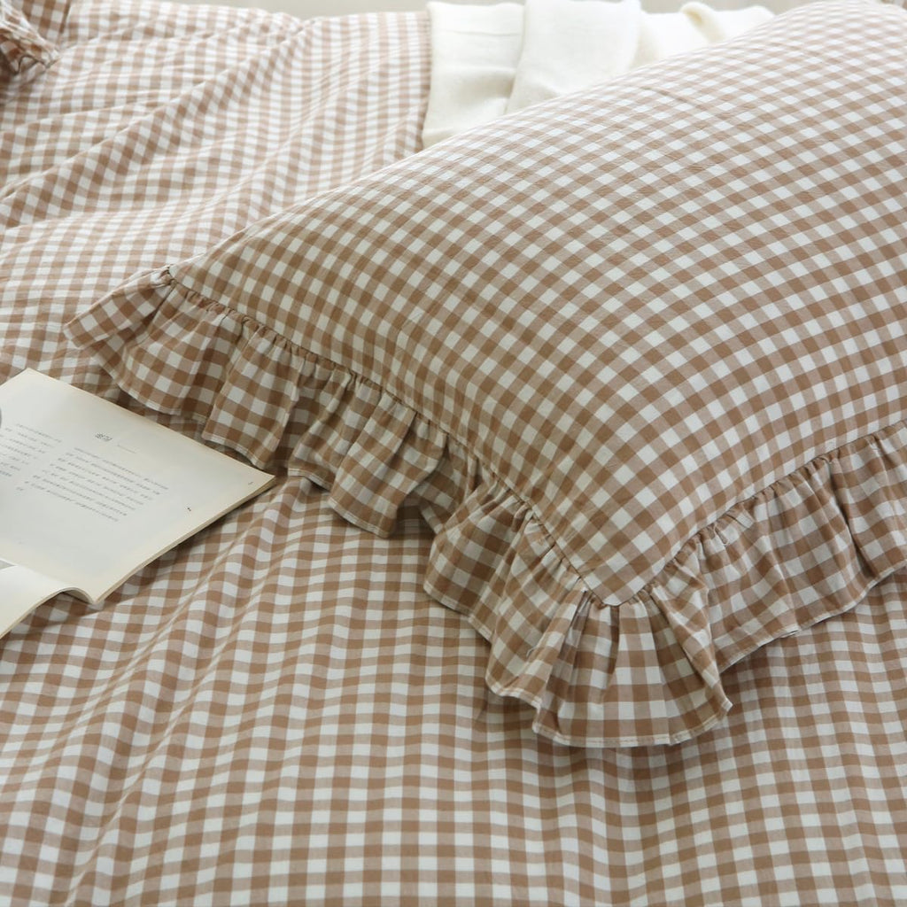 Taupe/White Plaid Ruffle Duvet Cover King,100% Washed Cotton 3 Pcs Vintage Checkered Chic Gingham Bedding Set