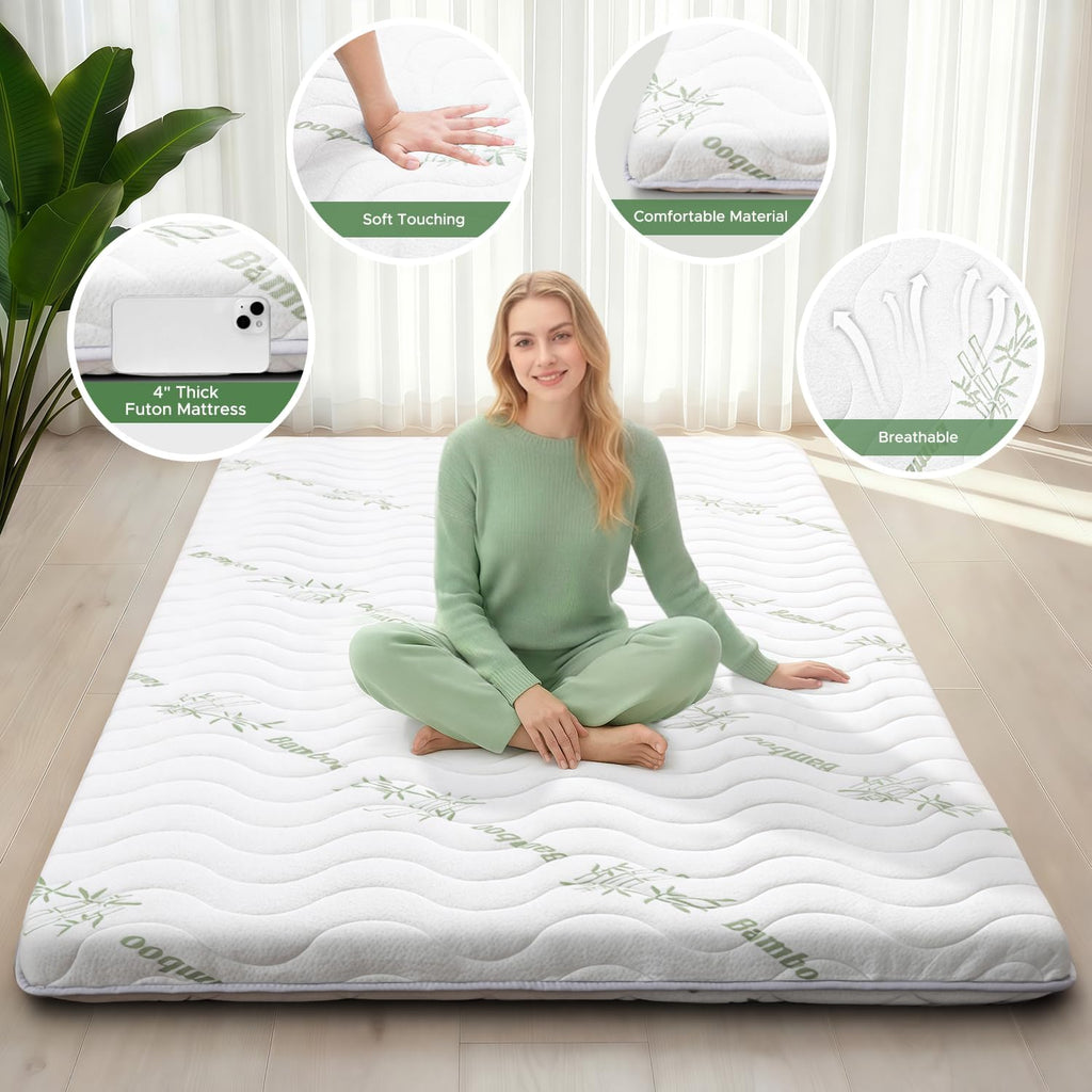 Japanese Floor Futon Mattress, 3.5" Thick Viscose Derived from Bamboo