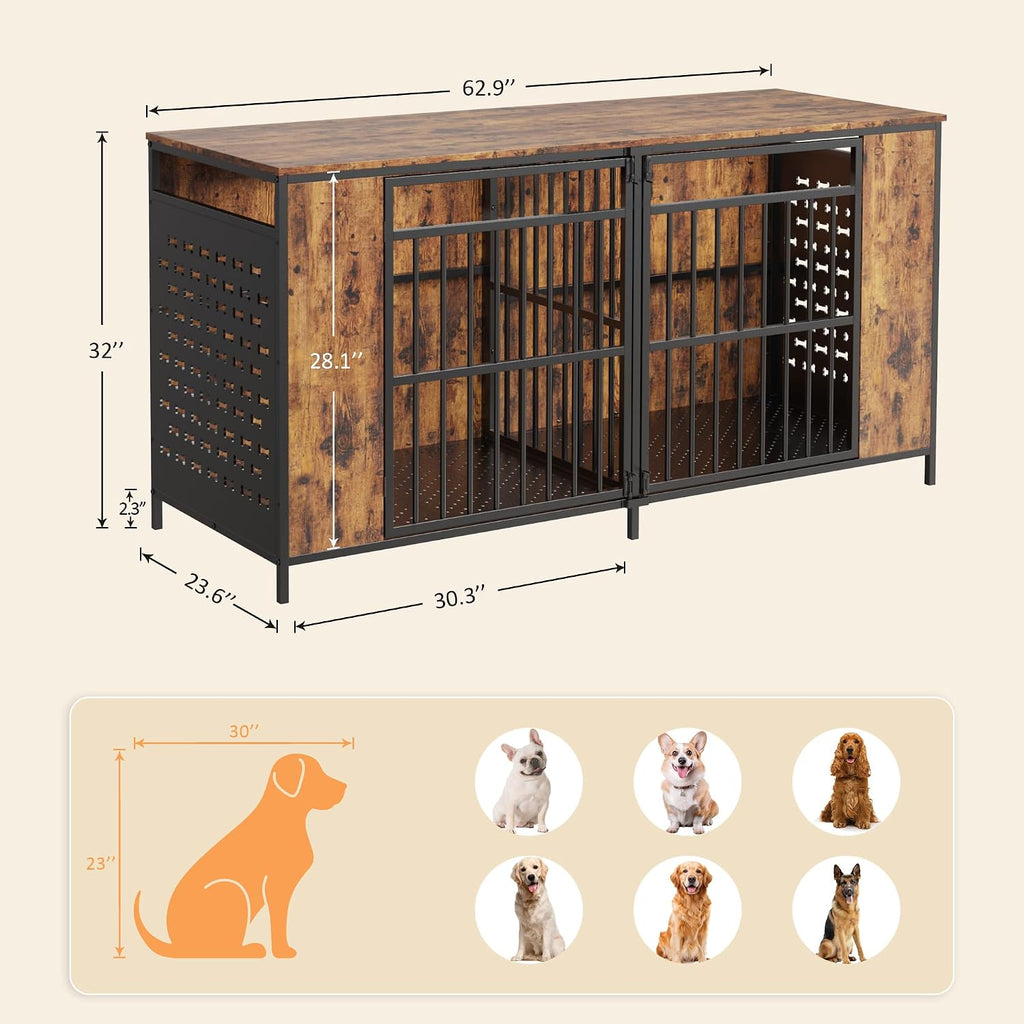 Dog Kennel Furniture for 2 Dogs - 63" Large Cage Extra Sturdy XXL Metal & Wooden Medium Double Dog Crate