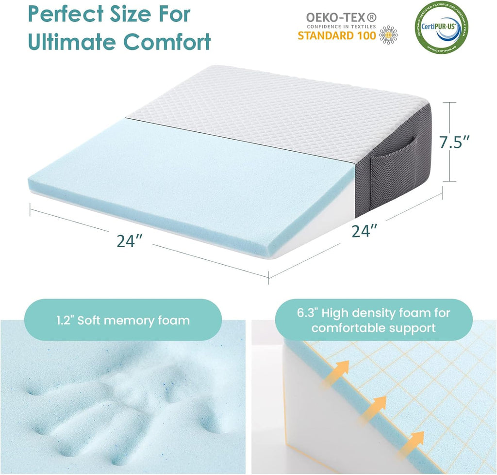 7.5-inch Bed Wedge Pillow for Sleeping Back Support Pain Relief | Cooling Memory Foam Incline Wedge for Sleeping