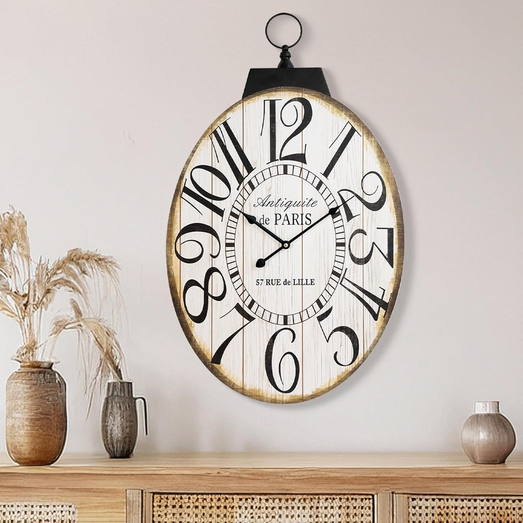 Large Wall Clocks, 29 Inch-High Oversized Oval French Vintage Farmhouse Design