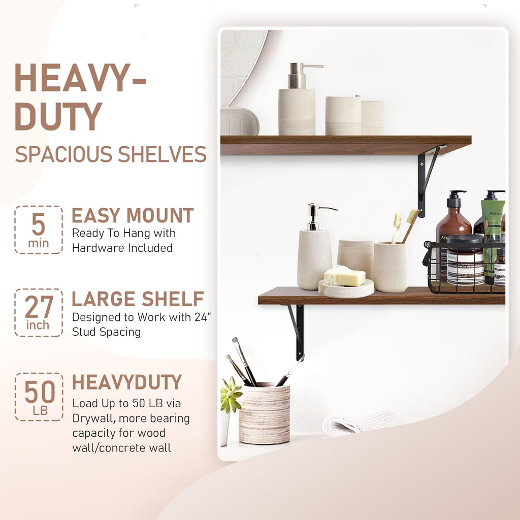 27 inch Long 10 inch Deep Floating Shelves for Wall Set of 2, Large Open Shelves Wall Mounted, Space Saving Home and