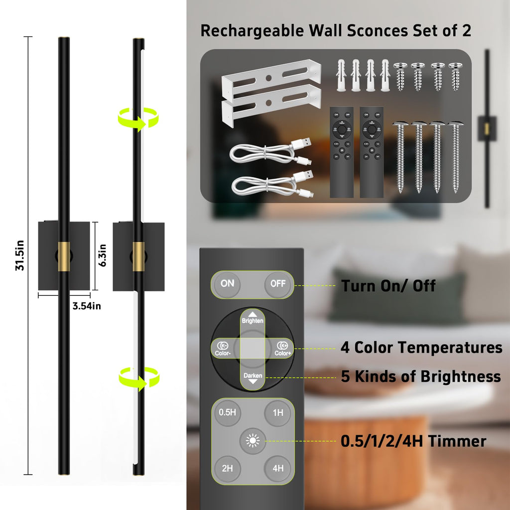 Battery Operated Wall Sconces Set of 2, 10000mAh, Black