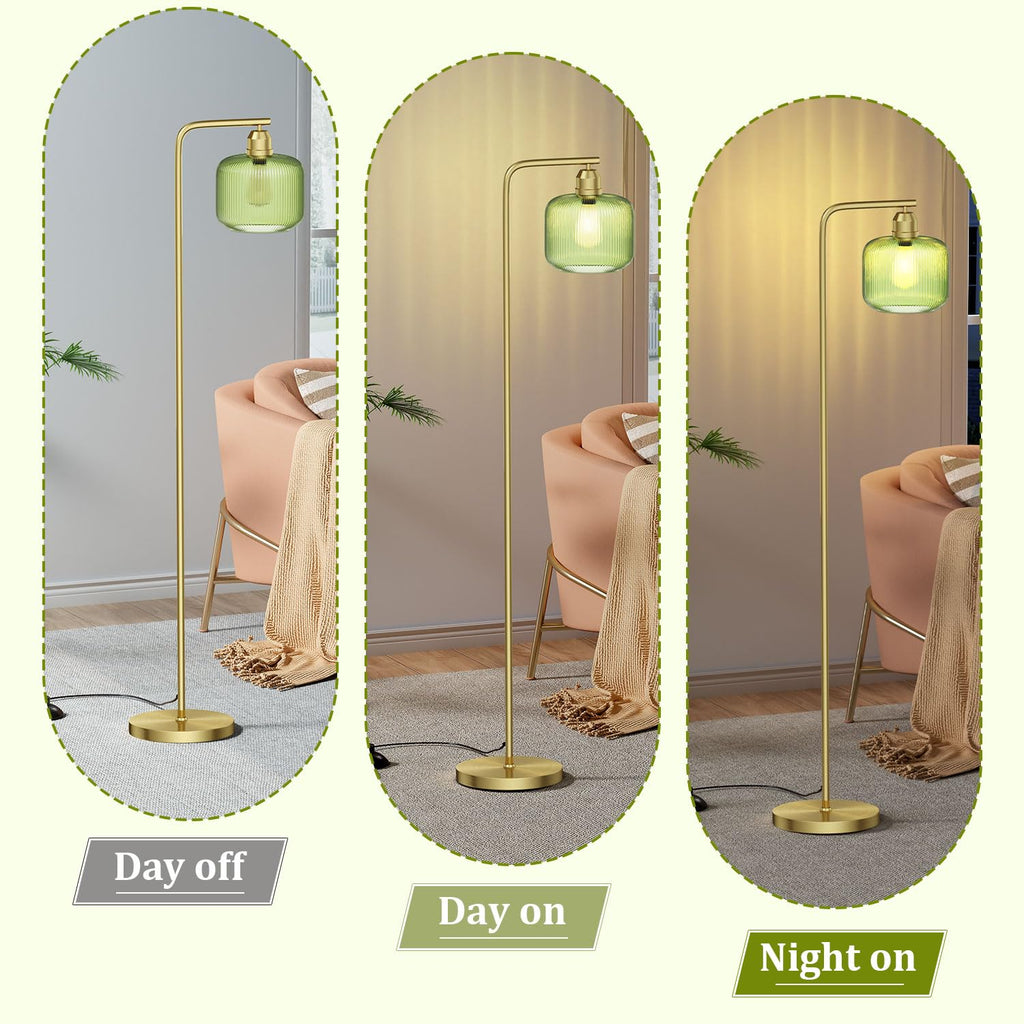 66" Gold Floor Lamp, Standing Lamp with Green Ribbed Glass