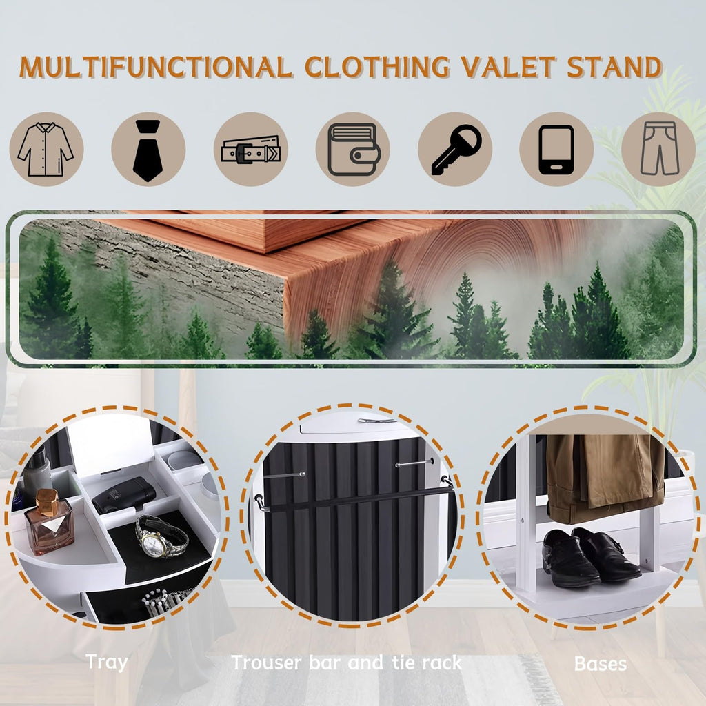 Wood Valet Stand with Drawers, White Men's Valet Stand with Sturdy Base, Suit Valet Stand, Load Capacity 50kg