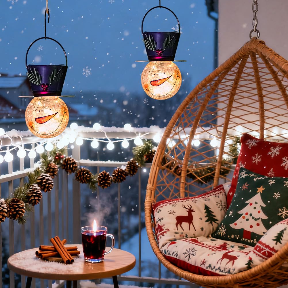 2 Pack Snowman Solar Lanterns, Christmas Outdoor Hanging Lantern Waterproof Decorative Snowman Lights Decor for