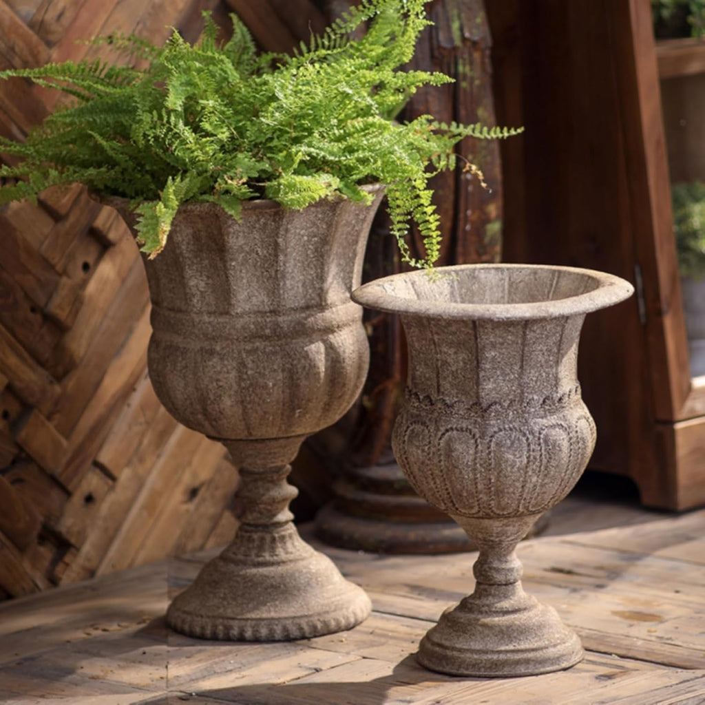 Outdoor Trophy Planter Urn Planter Vase Pedestal Pot Iron Construction with Embossed Banding and Distressed Finish