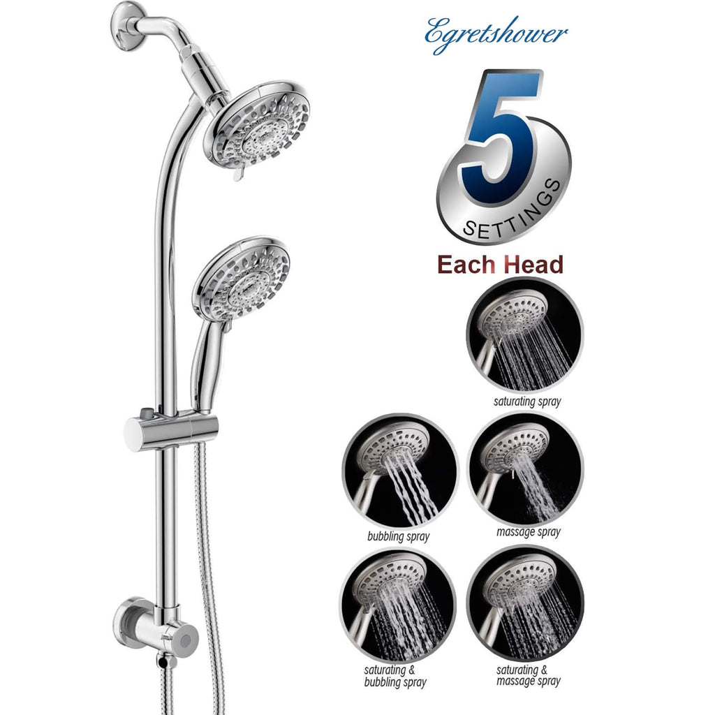 Handheld Showerhead & Rain Shower Combo for Easy Reach, 27.5" Drill-free Stainless Steel Slide Bar, 5"of 5-setting