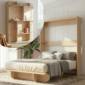 Queen Vertical Murphy Bed with Storage Shelf-Natural Wood