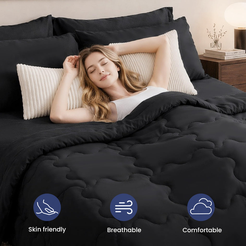 Black Comforter Set, Wavy Check Pattern, 7 Pieces