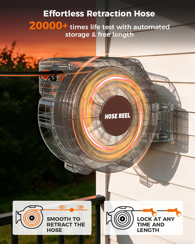 1/2 Inch 100FT Retractable Garden Hose Reel Wall-Mounted 180° Swivel 9-Patern Nozzle Automatic Slow Return Any Length
