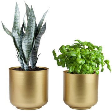 Large Gold Planters Metal Aloe Brass-Tone Plant Pots Indoor Decorative Flower Pots with Drain Holes(8+7.1Inch)