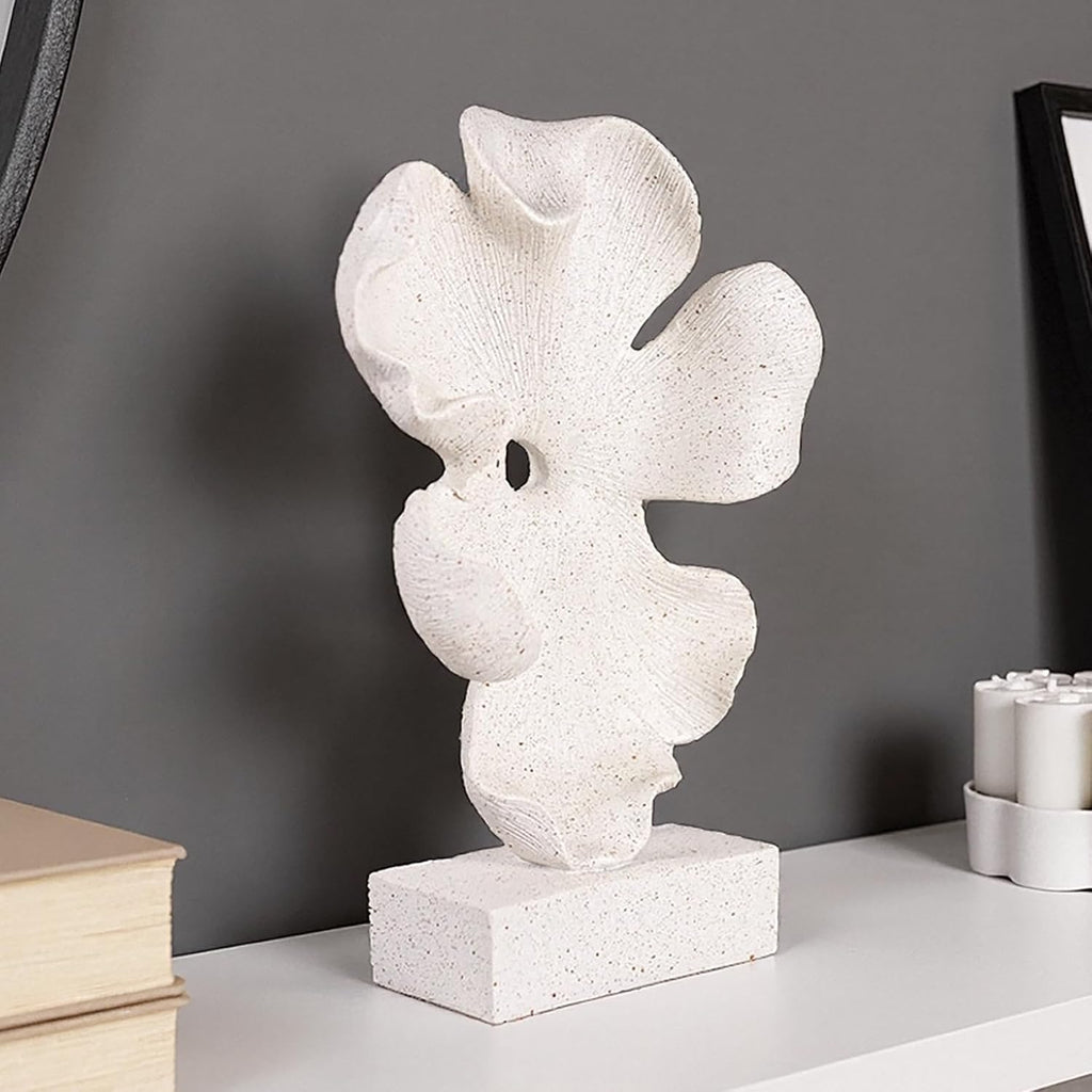 Abstract Flower Sculpture, White Speckled Resin, 10.63 x 6.3 x 2.56 in, Modern Decorative Figurine on Base
