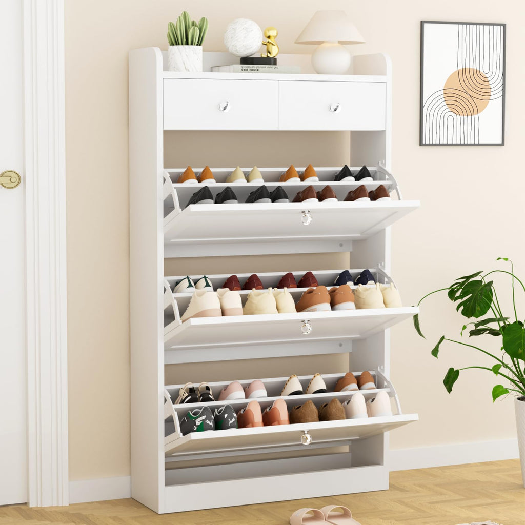 Shoe Cabinet with 3 Flip Drawers & 2 Drawers, Freestanding Shoe Storage Cabinet with Adjustable Shelves, Shoe