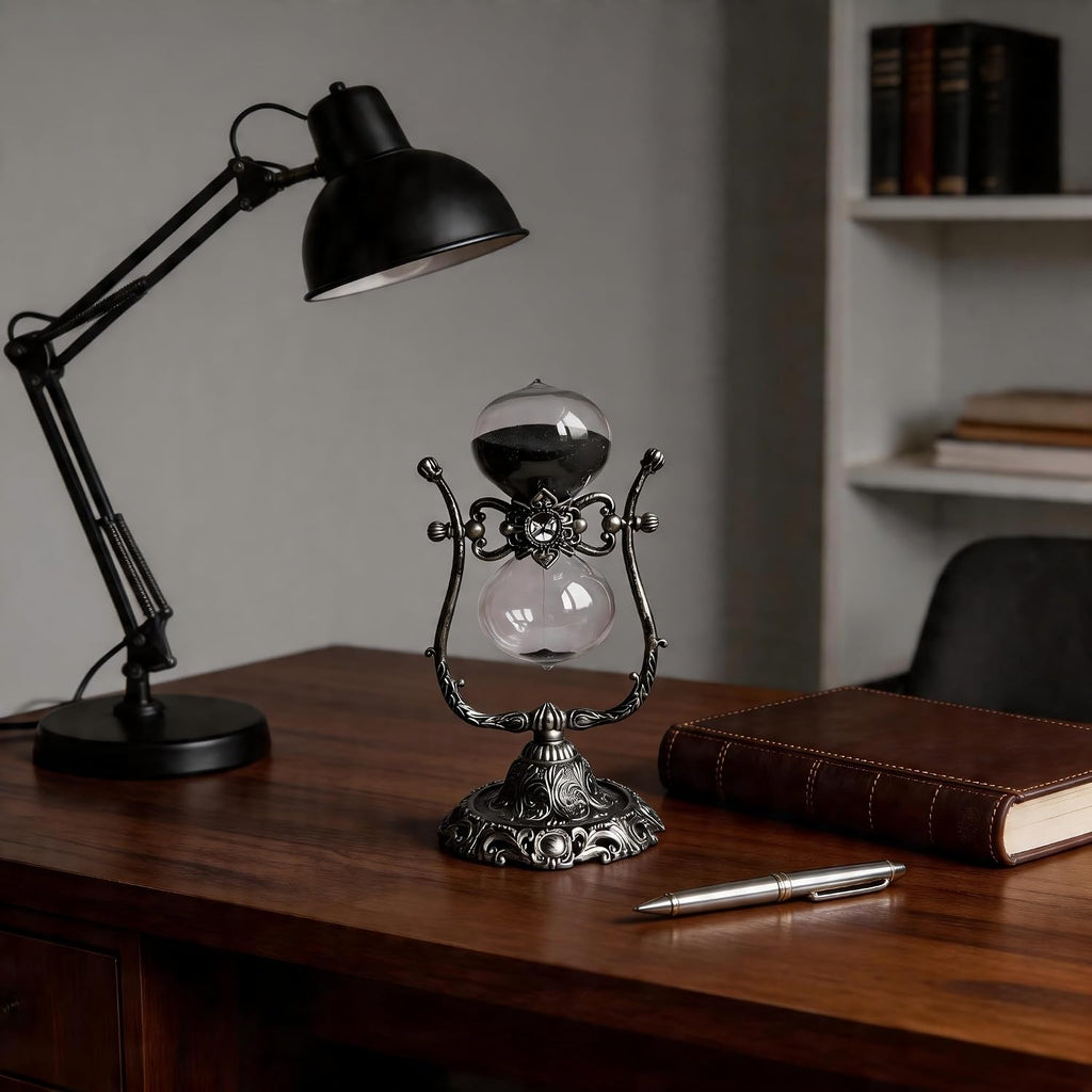 Vintage 30-Minute Hourglass with Zinc Alloy Base - Black Sand Timer Desk Decor, Decorative Antique Style Glass &