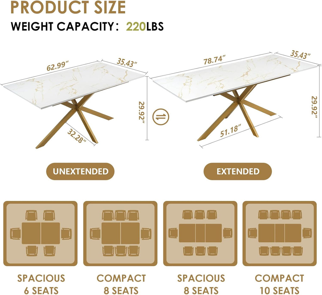 63"-79" Extendable Dining Table for 6-10 People, Modern Rectangle Extendable Kitchen Table with Gold Faux Marble