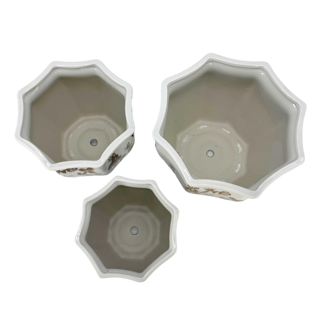 Brown & White Round Fluted Floral Porcelain Ceramic Plant Flower Planter Pot Set of 3 (7.5", 10", 13") Garden Pots